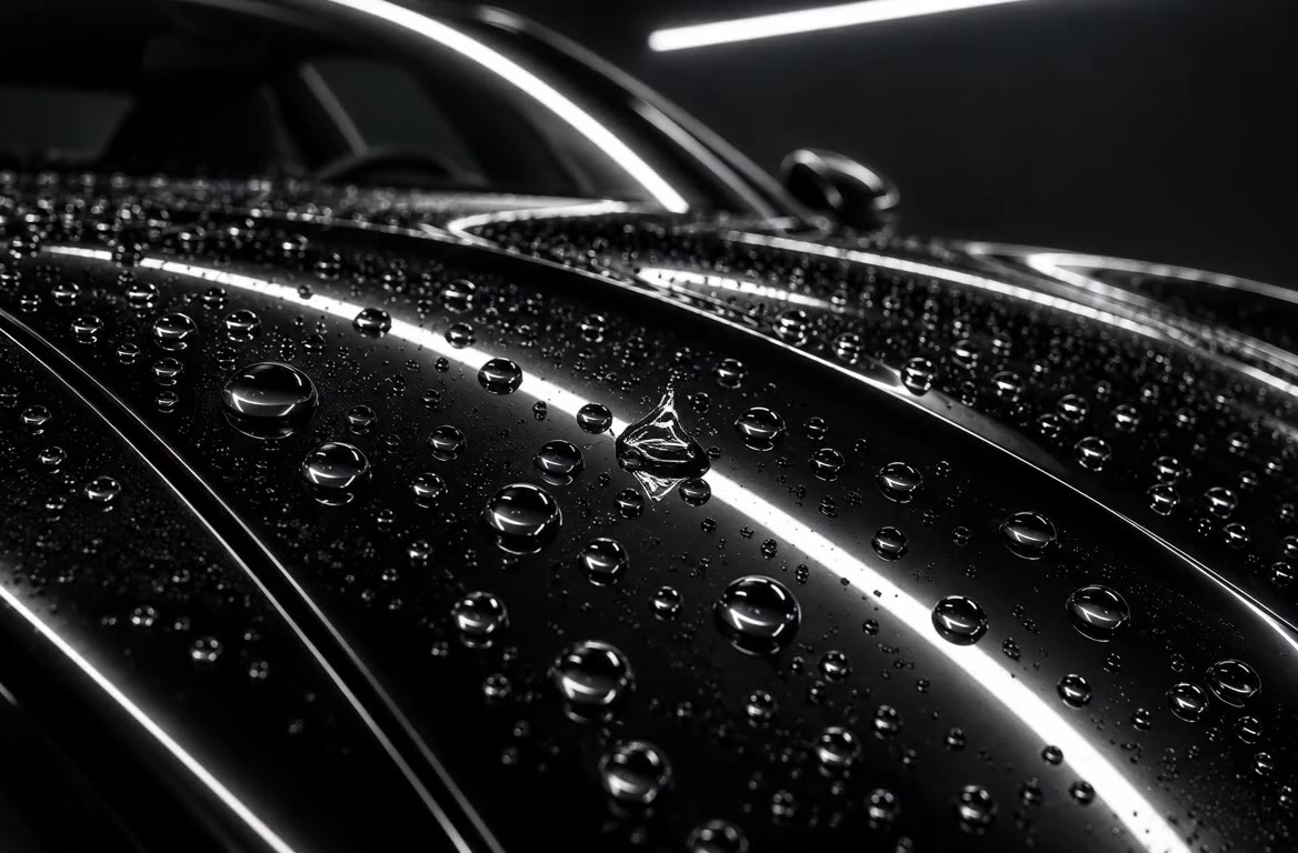 Water beading on a ceramic-coated black hood