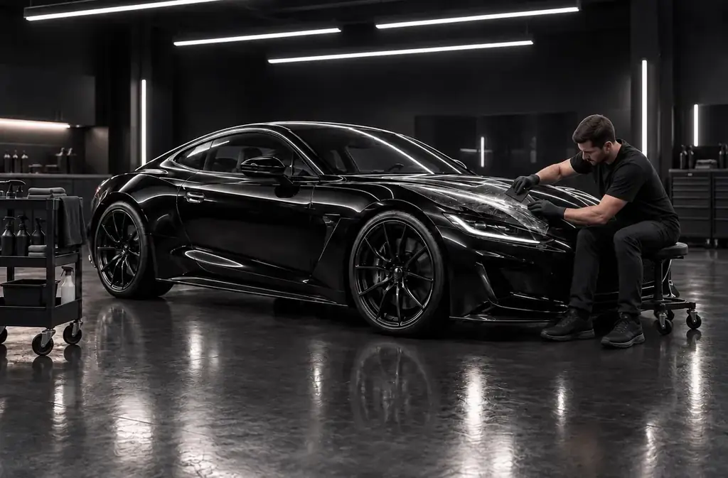 Technician installing protection film on a black coupe