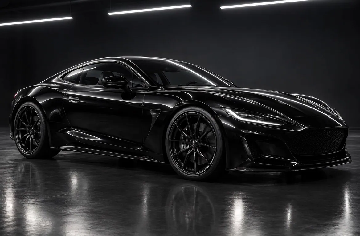 Black coupe turning in the studio